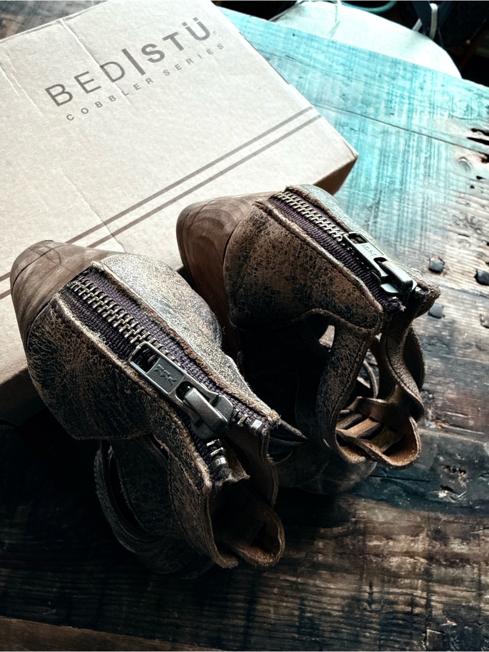 Bed Stu Distressed Brown Multi-Strap Wedge Sandals - Picture 3 of 6